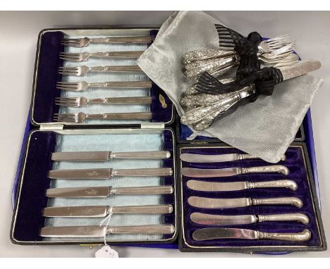 A Set of Six Hallmarked Silver Handled Butter Knives, John Round &amp; Son, Sheffield 1912, with scroll cap terminal, (damage