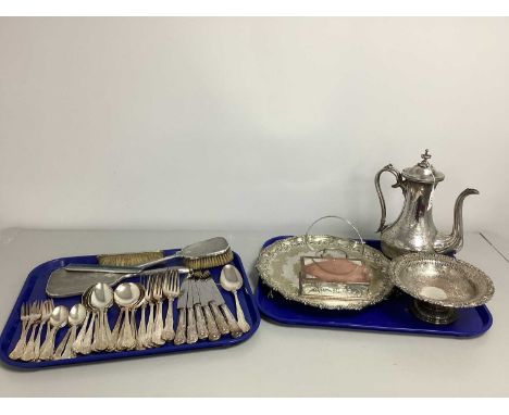 A Hallmarked Silver Backed Dressing Table Set, (damage / bristle loss); six setting Kings pattern cutlery, decorative plated 