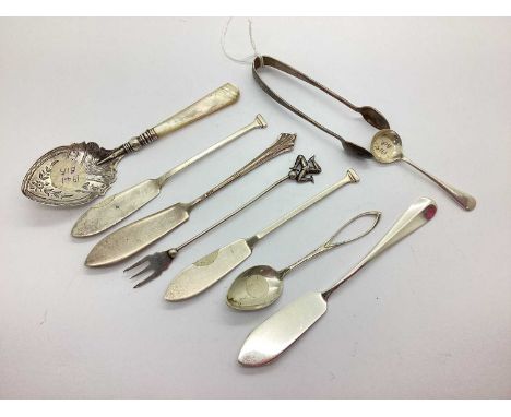 A Pair of Hallmarked Silver Butter Knives, a hallmarked silver and mother of pearl preserve spoon, a hallmarked silver salt s