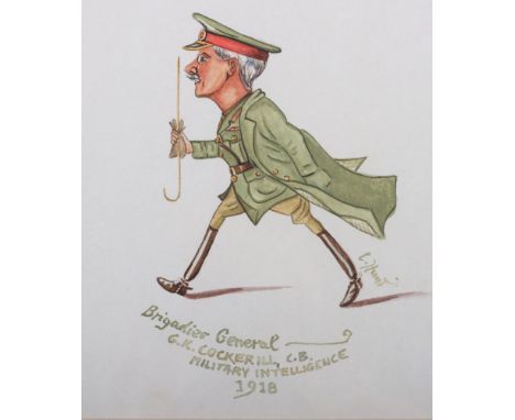Watercolour Sketch of Brigadier General G K Cockerill C.B Military Intelligence 1918, finely executed being a semi caricature