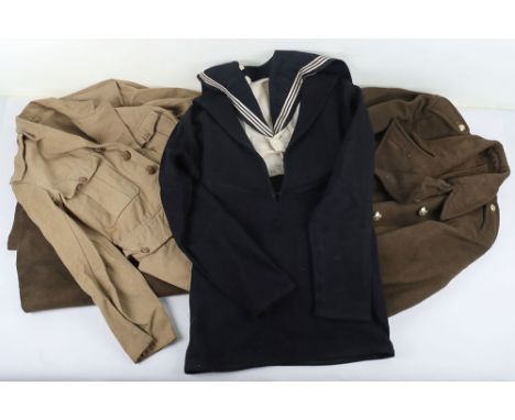 Army Great Coat and Clothing: Post war great coat with buttons, badly mothed , tropical jacket and navy  ratings jacket .3 it