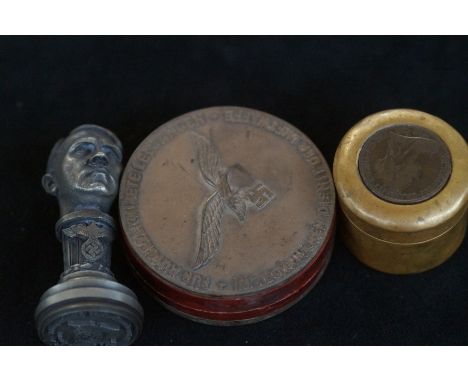 Hitler stamp, German snuff box &amp; trench art box 