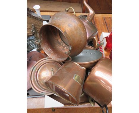 Box of copper ware to include cider ladle 