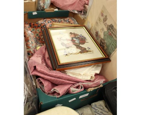 A synthetic loom woven rug, together with material, three Victorian 'Fashion' prints and two tapestry Hummel pictures (8)