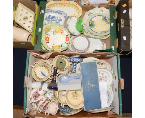 Two boxes of tea and dinner wares including Lawleys Royal Doulton, Masons and Art Deco Midwinter, etc 