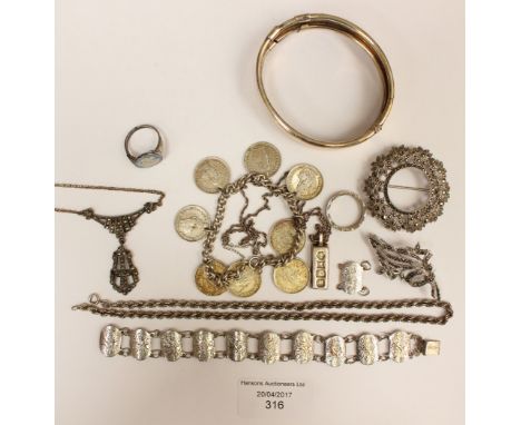 A small collection of silver jewellery to include bangle marcasite set, Wedgwood ring 3d bracelet etc