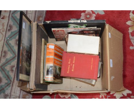 A box of various books including The Beatles, Gold Finger, antiquarian pictures and print 