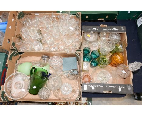 Three boxes of drinking vessels, coloured glass etc, including cut glass decanter and stopper