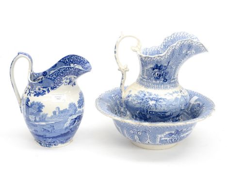 A Spode blue Italian large water ewer; together with another ewer and bowl (3) 