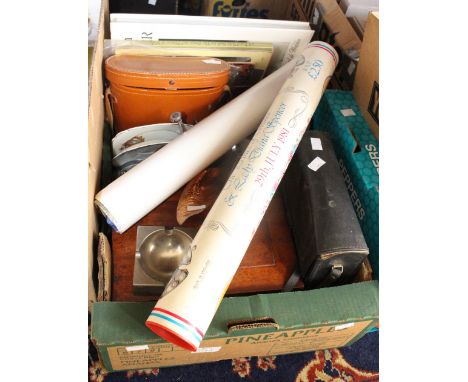 A box containing binoculars, camera, box, assorted cased spectacles with yellow metal frames, Royalty memorabilia, etc 