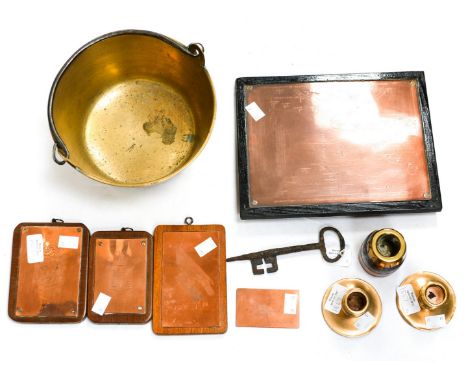 Etched copper print blocks (5) a brass cooking pan, an iron shell case, an antique key, pair of candlesticks 