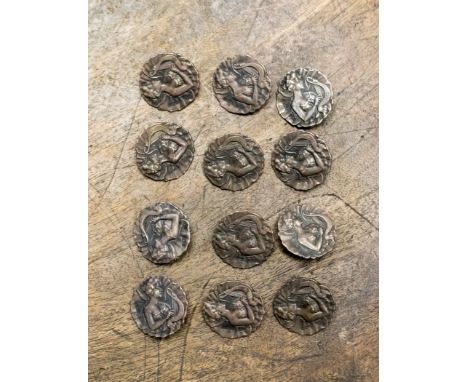 A set of twelve Art Nouveau design silver buttons of a Goddess playing a lyre, hallmarked Birmingham 1906, maker Joseph Glost