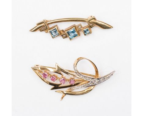 Two 9ct gold brooches, a spray set with ruby style stones and the other set with topaz coloured stones, 8.9 grams gross (2) 