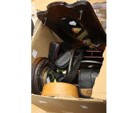 An Art Deco brass box and contents, hall brush and mirror set (wall hanging) barometer, various cameras (one box) 