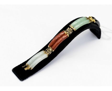 A Chinese jade and hardstone, 14ct gold bracelet, 18 cm long approx 