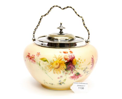 A Royal Worcester blush ivory hand painted squat biscuit barrel with EPNS collar, lid and handle, dated 1900 