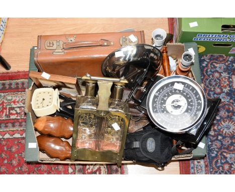A musical 1950s brass/glass Tantalus, cameras, African carvings, clock suitcase, weighing scales etc (parcel lot)