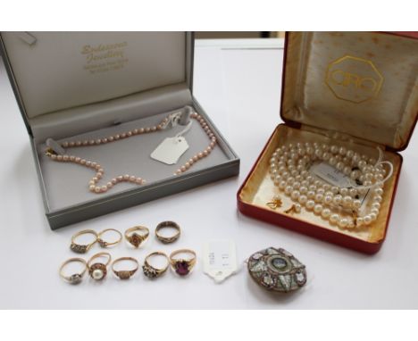 A boxed Ciro pearl necklace with 9ct gold clasp and matching earrings, another pearl necklace and a 9ct gold signet ring, thr