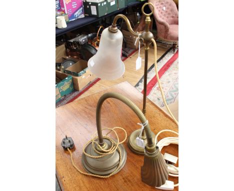 A 20th Century brass Snake lamp; together with a further table lamp with a glass shade (2) 