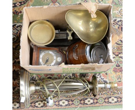 A set of steel and brass scales with weights, a brass effect lamp base and a biscuit barrel 