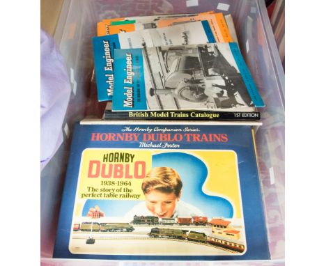 A box containing books and magazines relating to model railway: three books from the Hornby Companion Series ('Hornby Dublo T