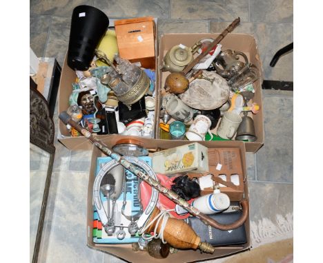 Three boxes of assorted items, plated, games, ceramics, etc, including microscope and walking stick with badges (parcel lot) 
