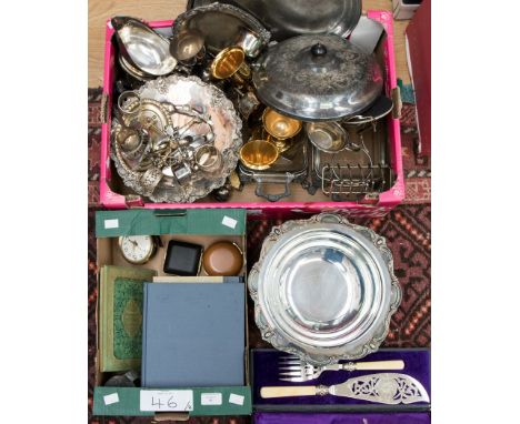 A collection of silver plated items including salver, serving dishes, cutlery, boxed fish servers, gilt metal drinking cups, 