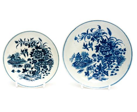 Two Worcester porcelain blue and white saucers, Fence Pattern