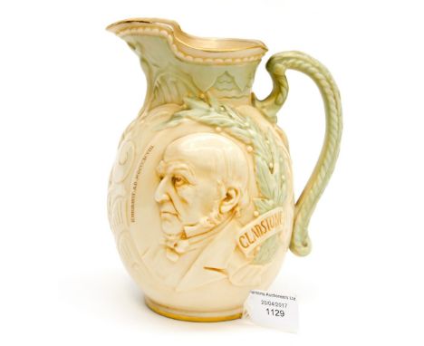 A Doulton Burslem Gladstone blush ivory commemorative jug, moulded with a portrait of Gladstone after Noke to one side, heral