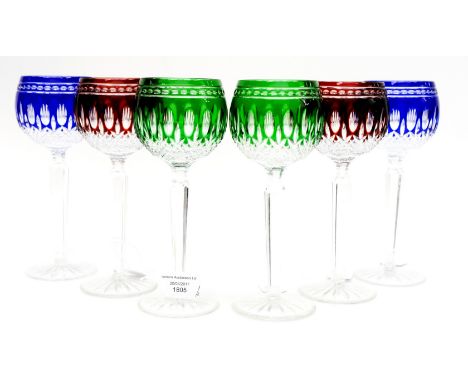 A Harlequin set of six Waterford Clarendon Hock glasses, comprising three pairs in cobalt, emerald and ruby, all with faceted