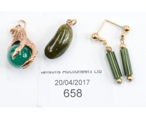 A nephrite jade kidney bean charm; together with chrysoprase 9ct yellow gold claw and ball charm and nephrite jade earrings, 