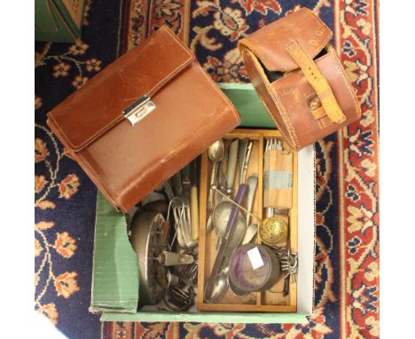 Two gentlemen's grooming kits, a 1920s alarm clock, cutlery, tools, etc (one box) 