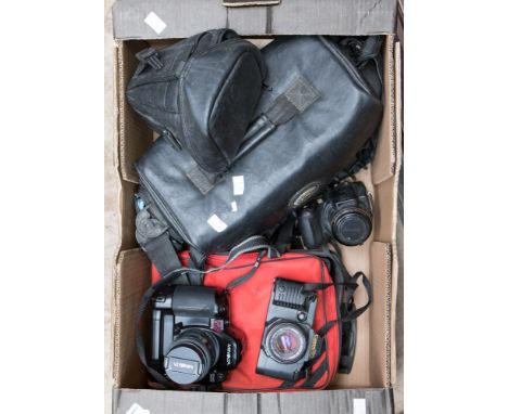 A cased Minolta camera, with a cased Canon camera, etc (one box) 