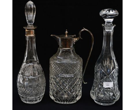 A crystal cut-glass claret jug with silver plated mounts and handle, a crystal cut-glass Art Nouveau design decanter and a si