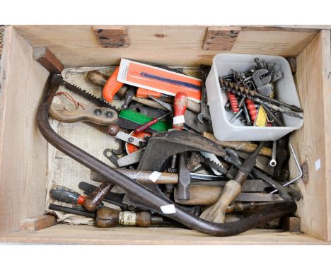 A Pinewood box/crate with assorted tools, shoe last, drills, saws etc