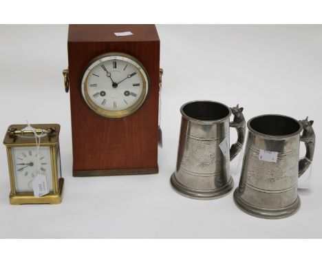 Mantle clock and carriage clock (a/f), along with two tankards