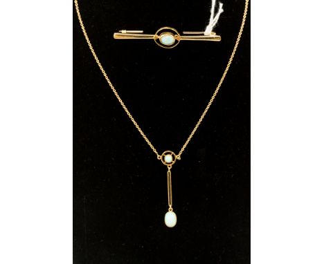 An Edwardian opal pendant with round opal with a suspending double bar drop with further oval opal, stamped 18ct with a total