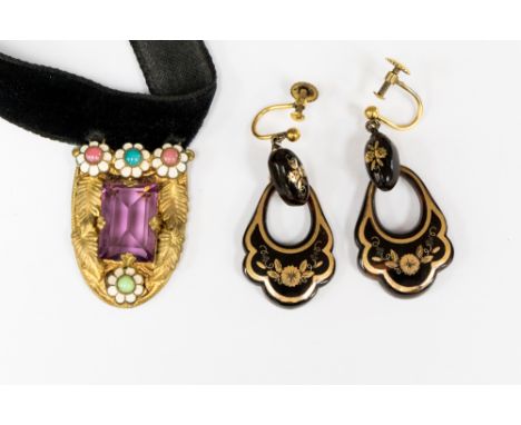 A pair of tortoiseshell screw-back earrings, gilt floral decoration and an early 20th century paste and enamel choker