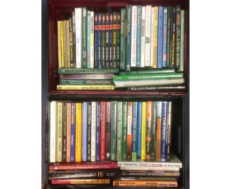Angling interest: Two boxes of vintage and modern fishing books, including Hardy's Anglers' guides/catalogues, plus auction c