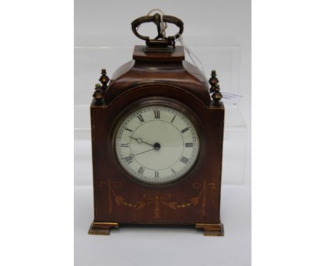 A French mahogany mantle clock inlaid with satinwood in swags pattern, Roman numerals to dial, key 