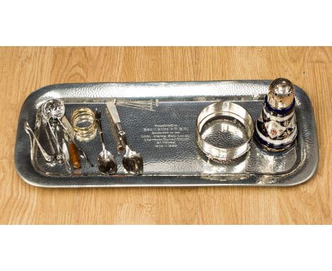 A pewter hand hammered tray 1939, Masonic interest, decorated spoons, a small trowel, sugar castor, hat pins, mother of pearl