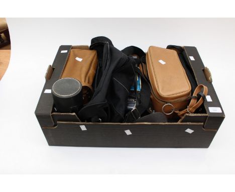 Telescopic lens, Voightlander camera and case, with metres and lenses, a Praktica camera LTL3 with case lenses, etc, includin