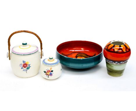 Poole pottery 'Delphis' fruit bowl and spherical vase and Poole biscuit barrel and conserve pot (4) 