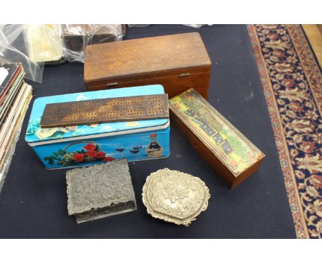 Pen knives 19th century and later, can openers, pin cushions, Edwardian Dominoes, cribbage board, jewel box, Japanese boxes; 