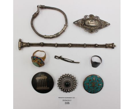 Greek, Arabic silver filigree brooches, etc, also cloisonné and yellow metal, jade on silver and Mexican silver (9) 