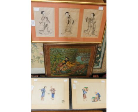 A collection of Oriental pictures, comprising a pair of rice paper watercolours print, framed silk, a framed set of thee wate