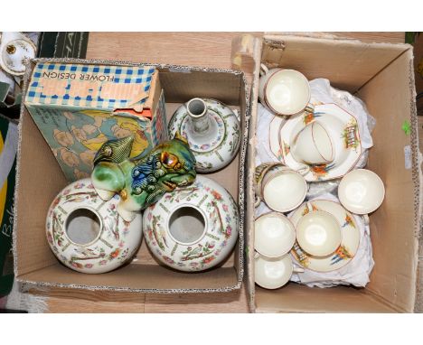 Mixed box of tea wares, child's vintage tea set boxed and Chinese decorative vases