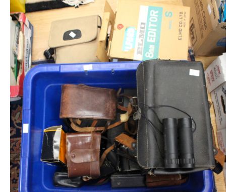 Cameras: One box of assorted cameras and camera equipment to include: a Zeiss Ikon Super Ikonta 530/2 folding Rollfilm camera