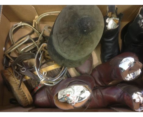 A Vintage riding hat,pair of riding boots (3) jodhpurs & Chelsea styles brow bands, chin strap etc... dandy brush / body brus