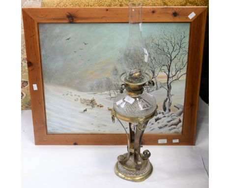 A cut glass reservoir oil lamp, modern chimney with a large 1979 LMH signed oil - winter scene 